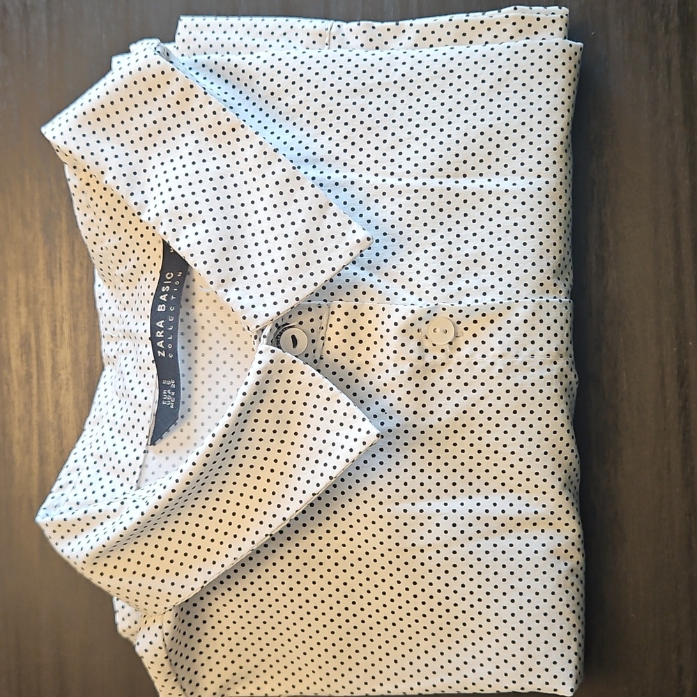 Zara Basic Women's Long-Sleeve Button-Up Shirt - White with Micro Dot Print